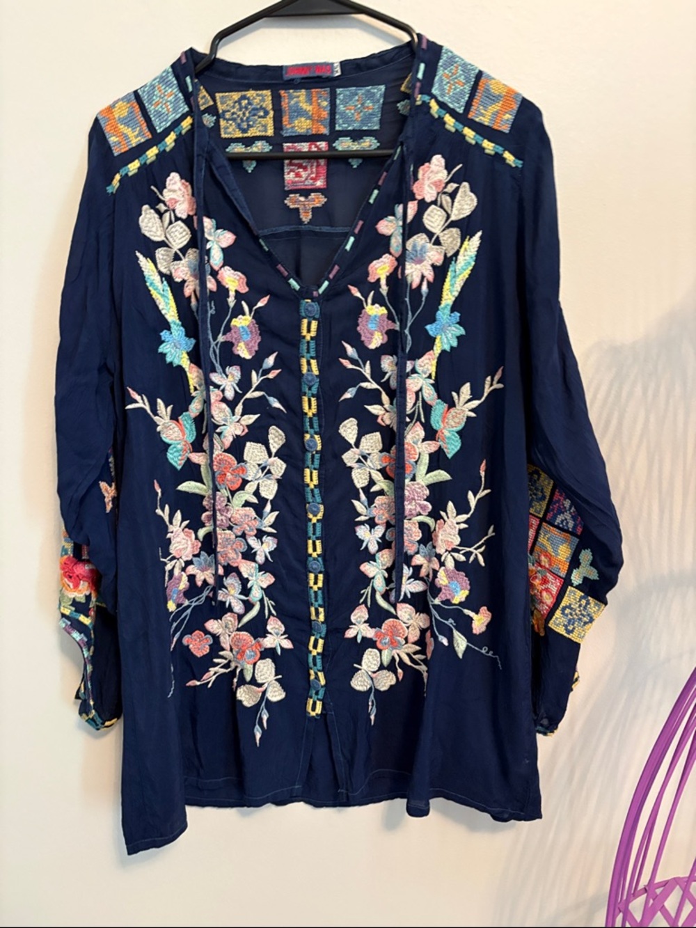Johnny Was Navy Embroidered Floral Tunic with Multicolor Accents